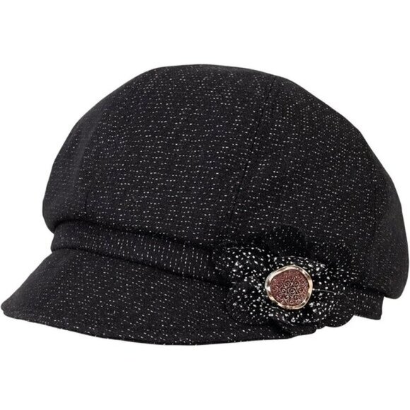 Women\'s Black Cotton Cabbie Cap Beret Hats with Flower Buckle